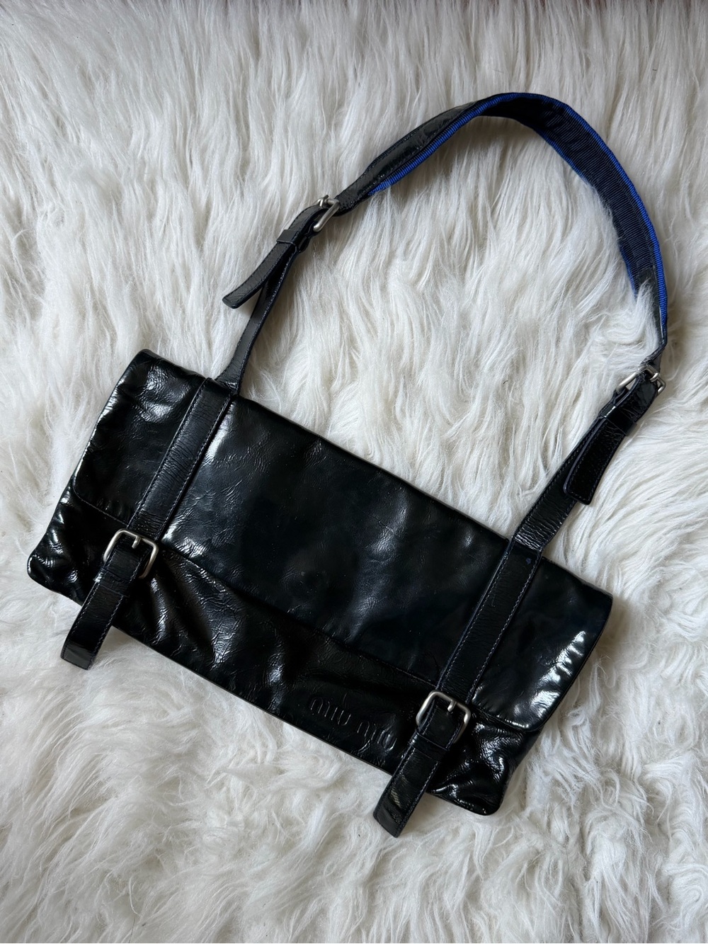 Vintage Miu Miu Blue Black Shiny Leather Wet Look Buckle Mini Shoulder Bag - Picture 1 of 14